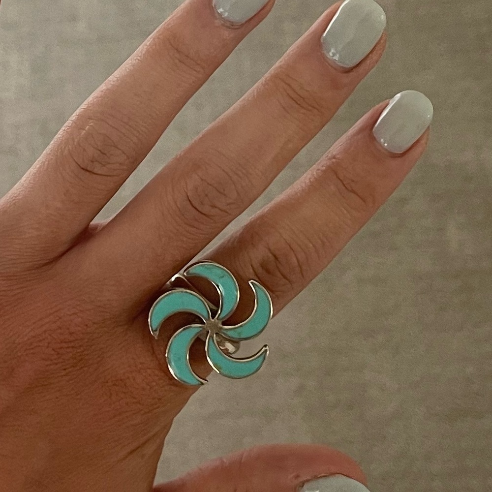 Turquoise Silver Starburst Flower Statement Ring